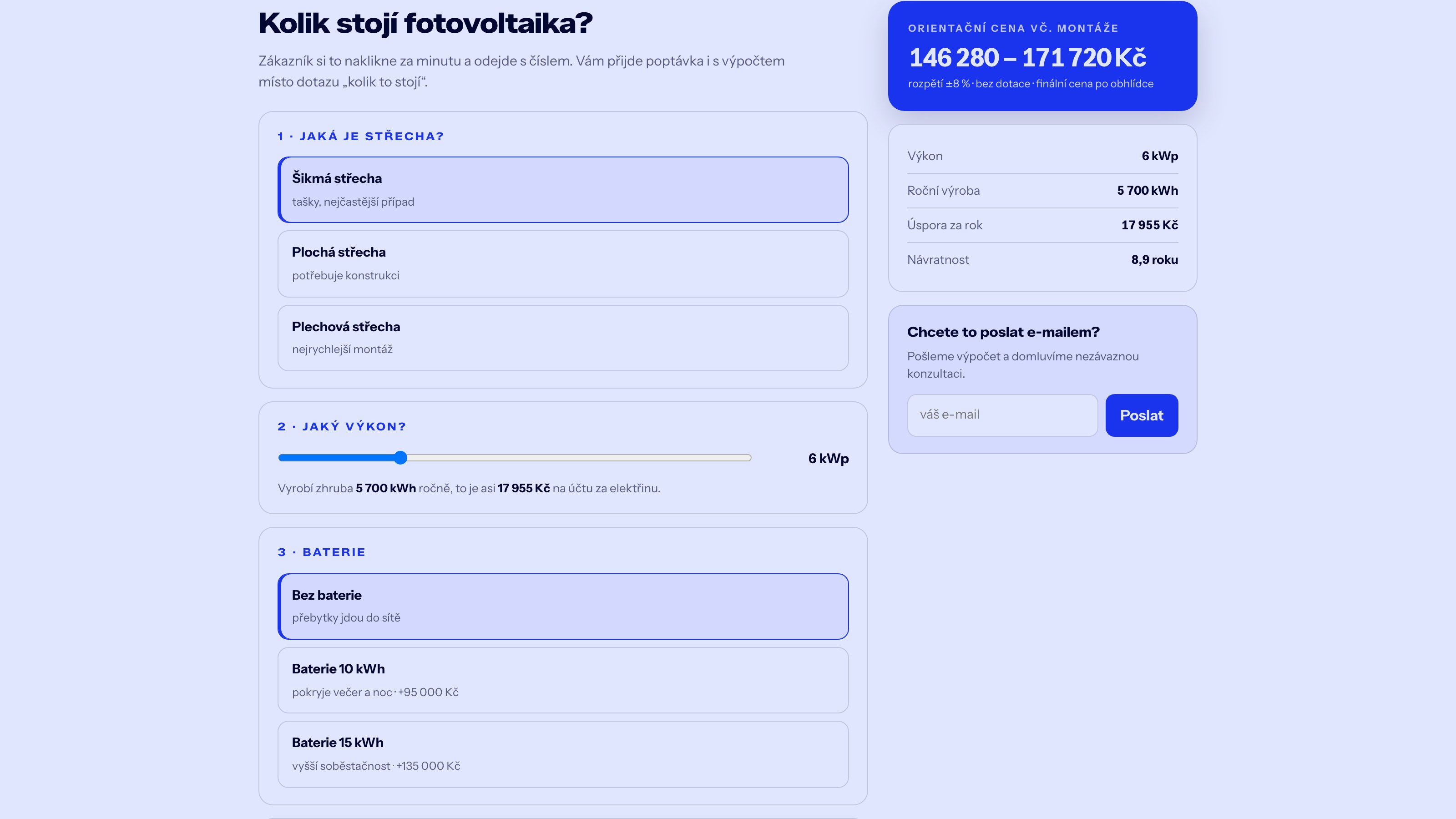 Náhled cenového kalkulátoru: otázky vlevo, cena vpravo