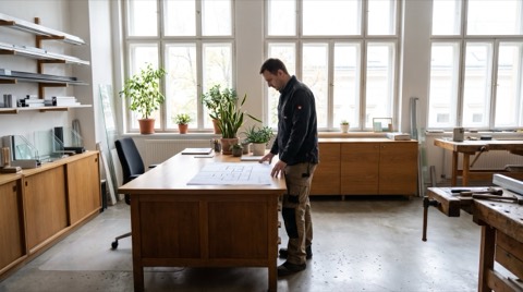 Editorial photograph for a business magazine: a bespoke conservatory and glazing workshop office in central Europe, fres