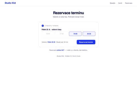 Rekonstrukce téže kontaktní sekce jako rezervační okno s volnými večerními termíny, které jde rovnou zabrat online