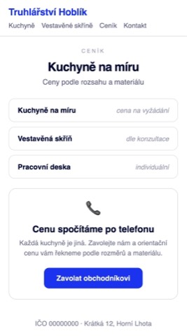Rekonstrukce webu truhlářství — u ceny kuchyně je jen text „cena na vyžádání“ a telefonní číslo.