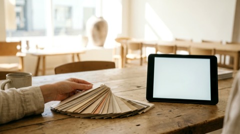 Zákazník si na tabletu otáčí 3D modelem pergoly