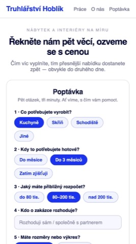 Rekonstrukce téhož formuláře — pět kvalifikačních otázek: záměr, termín, rozpočet, rozhodovatel, podklady.