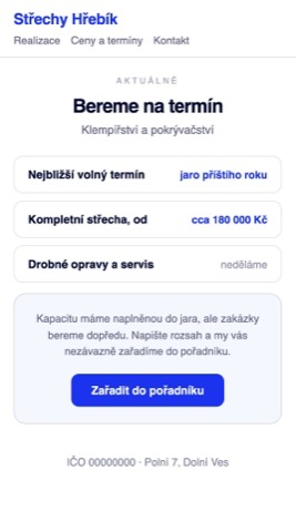 Rekonstrukce téže stránky s termínem jaro příštího roku, kompletní střecha od cca 180 000 Kč a poznámkou, že drobné opravy firma nedělá