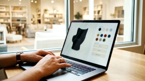 Truhlářská dílna, tablet s 3D náhledem u rozpracovaného nábytku