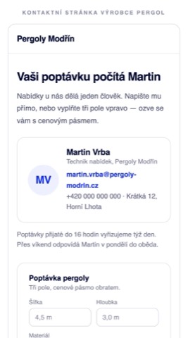 Rekonstrukce kontaktní stránky se jménem obchodníka, přímým kontaktem a krátkým formulářem