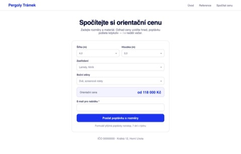 Rekonstrukce téže stránky s konfigurátorem, orientační cenou a formulářem s rozměry.