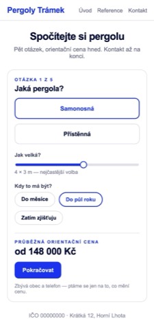 Poptávkový průvodce s výběrem varianty, posuvníkem rozměru a průběžnou cenou