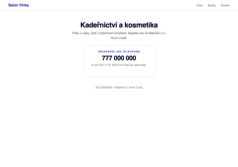 Web salonu, kde je jediným kontaktem telefon v pracovní době