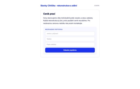 Rekonstrukce ceníkové sekce stavební firmy bez jediné ceny, jen s formulářem Nezávazná poptávka