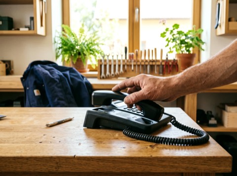 Ruka řemeslníka sahající po pevném telefonu na zaprášeném dřevěném ponku v dílně, ranní světlo z okna, nikdo se nedívá d