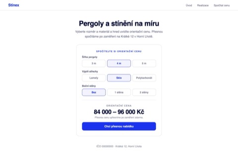 Rekonstrukce téže stránky s mini konfigurátorem, který z rozměru a materiálu spočítá orientační cenu