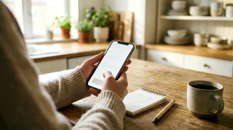 Ruce ženy drží telefon s prázdným chatem u kuchyňského stolu, vedle blok s poznámkami; ranní světlo, kuchyň rozostřená.