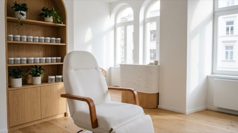 Editorial photo: bright modern aesthetic skincare clinic treatment room, warm wood and white surfaces, daylight, no peop