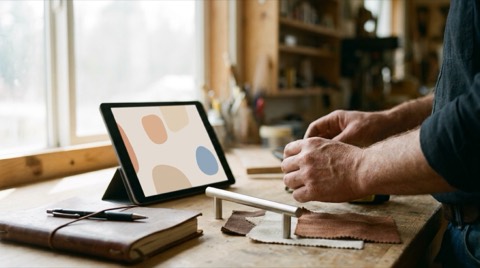 Editorial lifestyle photo: hands of a craftsman at a warm wooden workbench, a tablet propped up showing only pale rounde