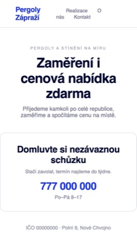 Rekonstrukce webu výrobce pergol — nabídka zaměření zdarma a velké telefonní číslo, žádné otázky před výjezdem.