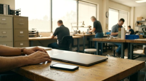 Nákupčí porovnává dodavatele na notebooku místo schůzky