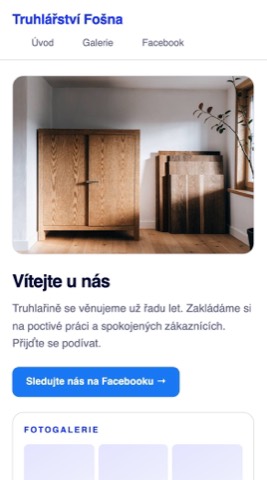 Domovská stránka truhlářství jen s uvítáním, odkazem na Facebook, fotogalerií a aktualitami, bez ceny a bez možnosti poptat