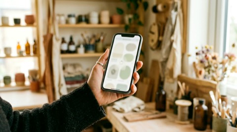 Editorial lifestyle photograph, a hand holding a smartphone that shows a webpage still loading — on the screen only pale