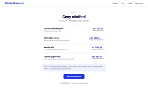Rekonstrukce téhož ceníku s cenou „od“ u každého ošetření, uvedeným rozsahem a stropem